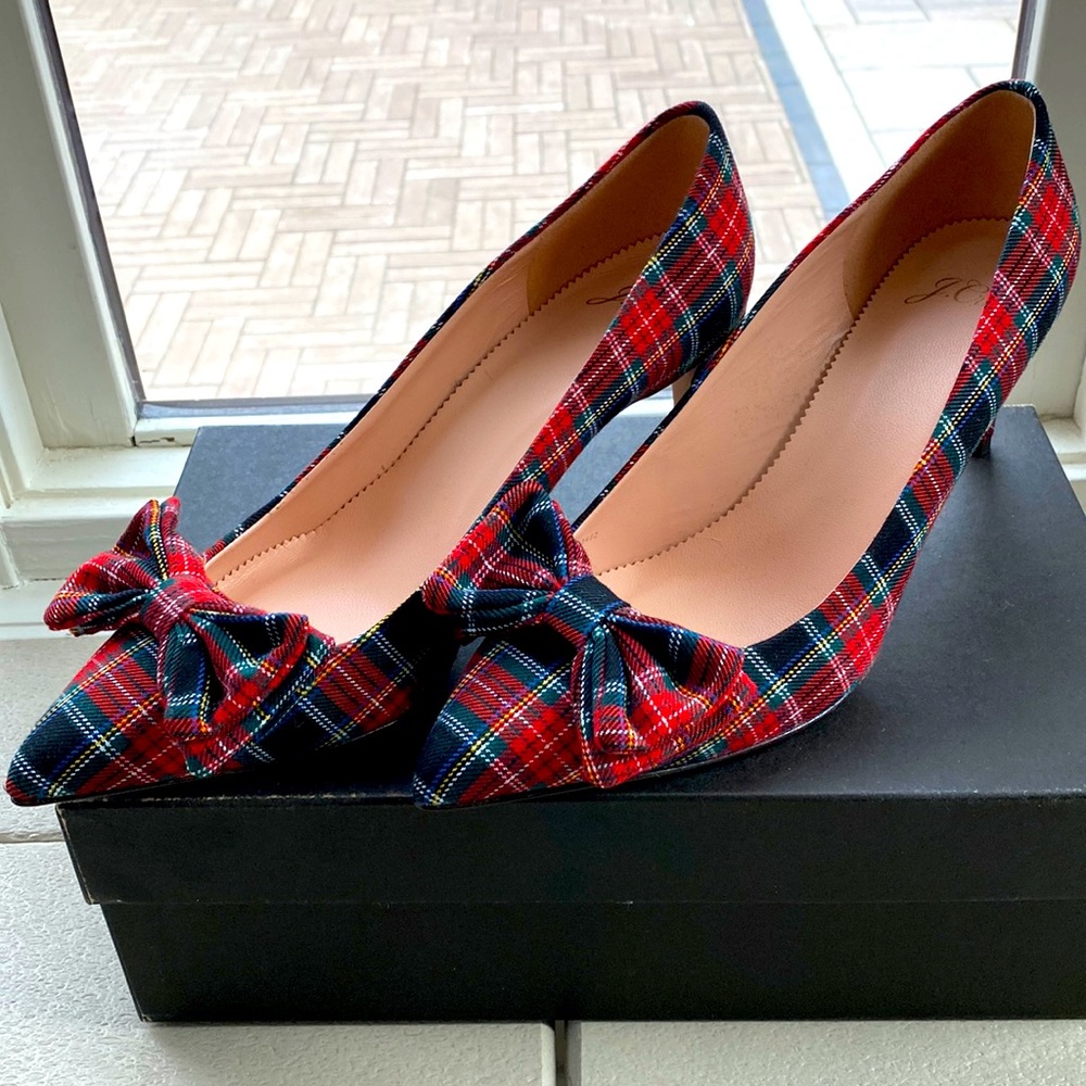 JCrew Black and Red Tartan Bow Colette Pumps